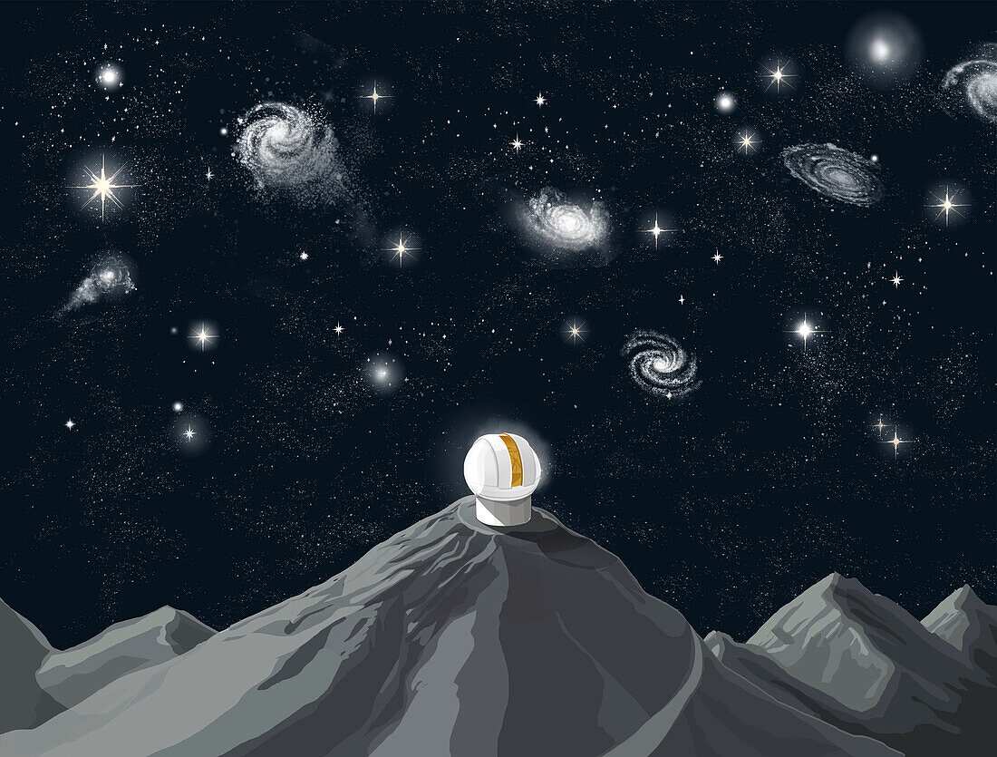 Mountain telescope and stars, conceptual illustration