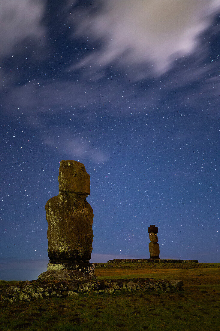 Moai statues and night sky, Easter Island
