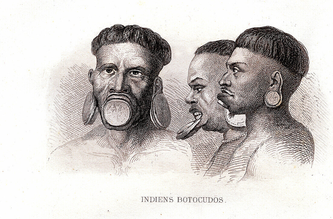 Botocudo men with facial disks, 19th century illustration