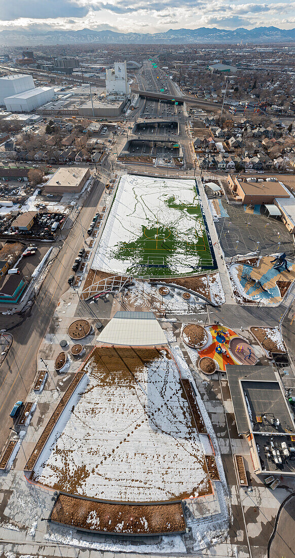 Aerial view of park built above highway, Denver, Colorado, USA