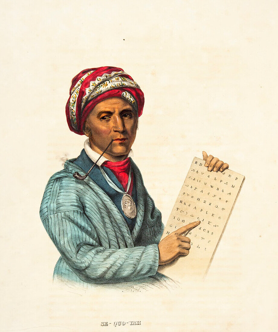 Sequoyah, inventor of the Cherokee alphabet, illustration
