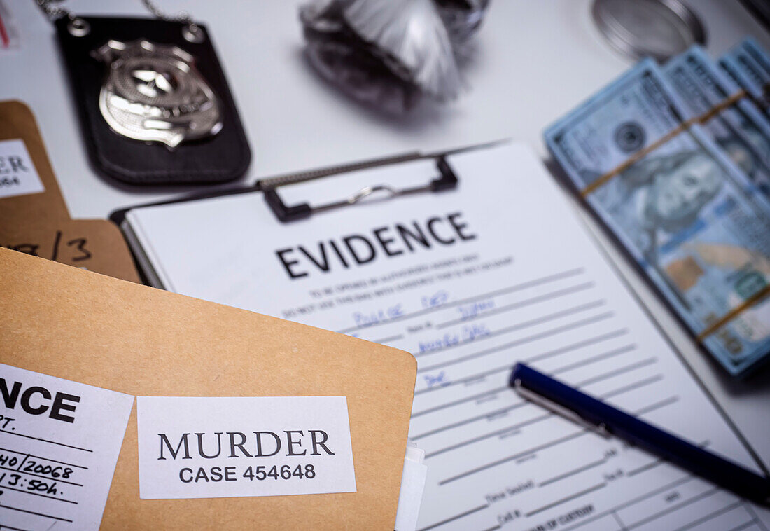 Files and evidence bag in forensics lab
