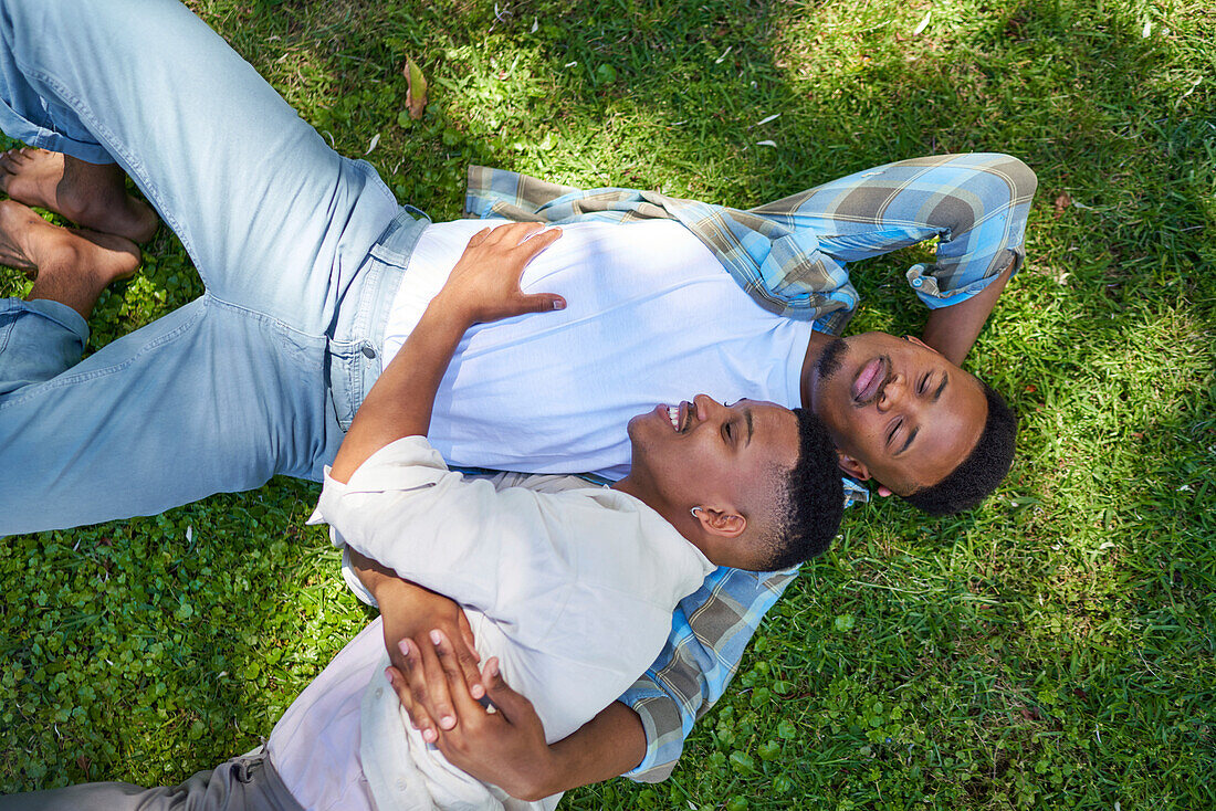 Affectionate gay male couple laying in grass