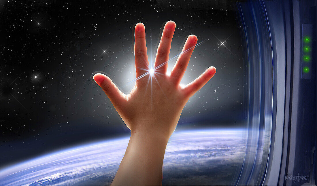Child's hand on spacecraft window, illustration