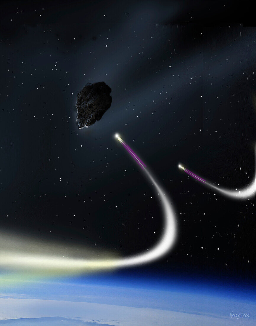 Missiles intercepting asteroid, illustration
