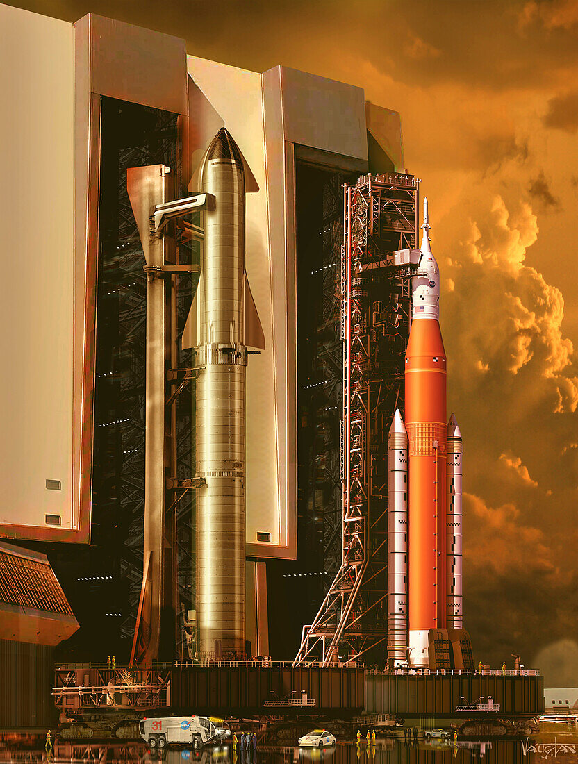 SpaceX Starship and NASA Space Launch System, illustration