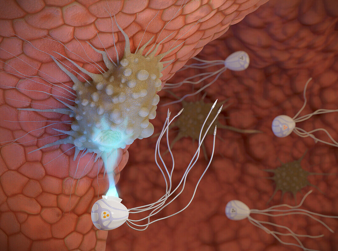 Medical nanobots delivering chemotherapy, illustration