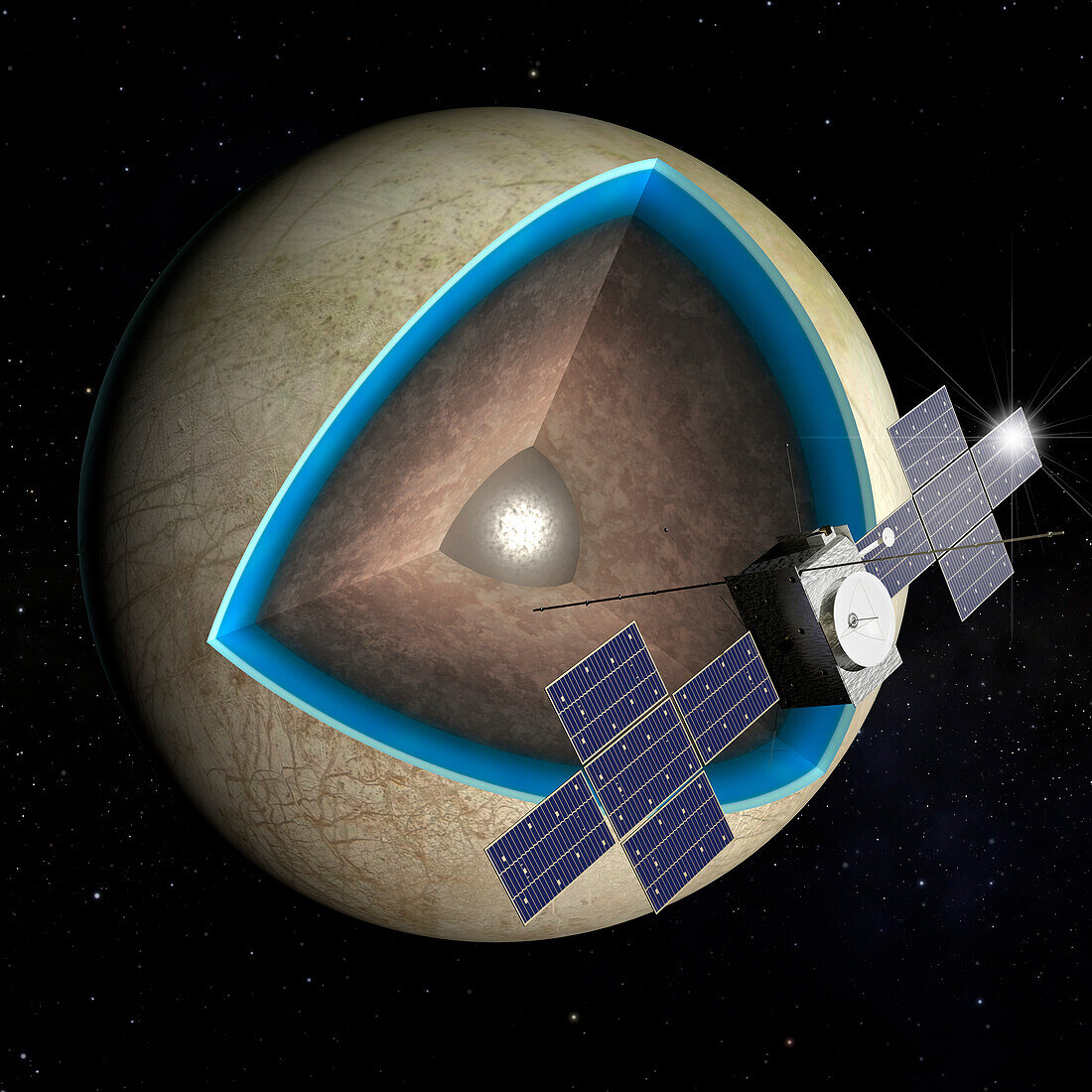 Juice spacecraft and Europa, illustration