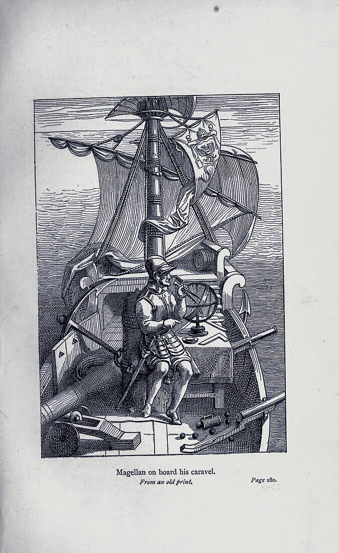 Magellan on board his caravel, 19th century illustration