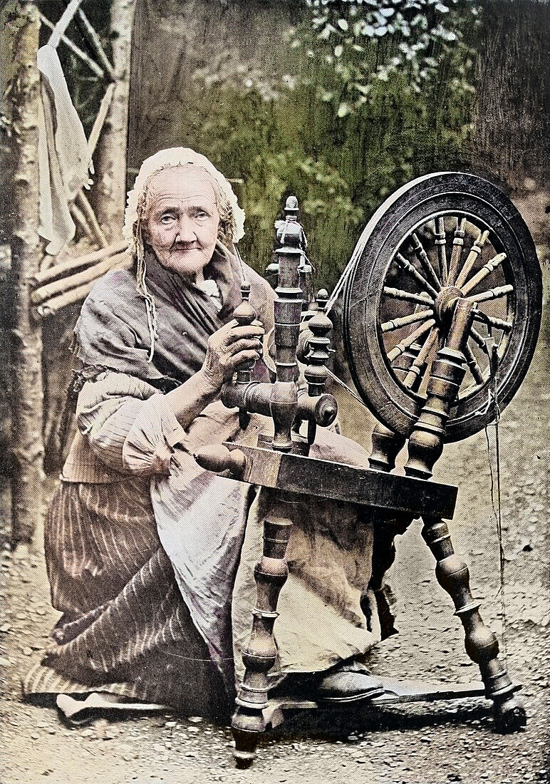 Irishwoman at her spinning wheel