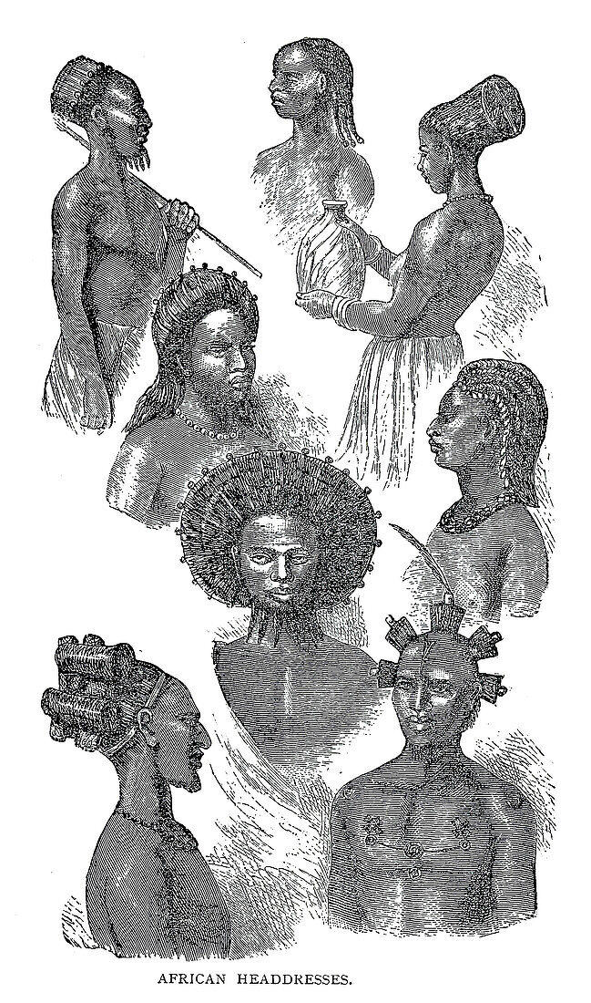 African headdresses, 19th century illustration