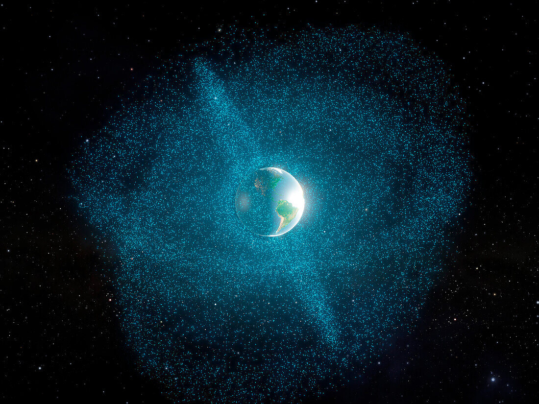 Space junk orbiting Earth, illustration