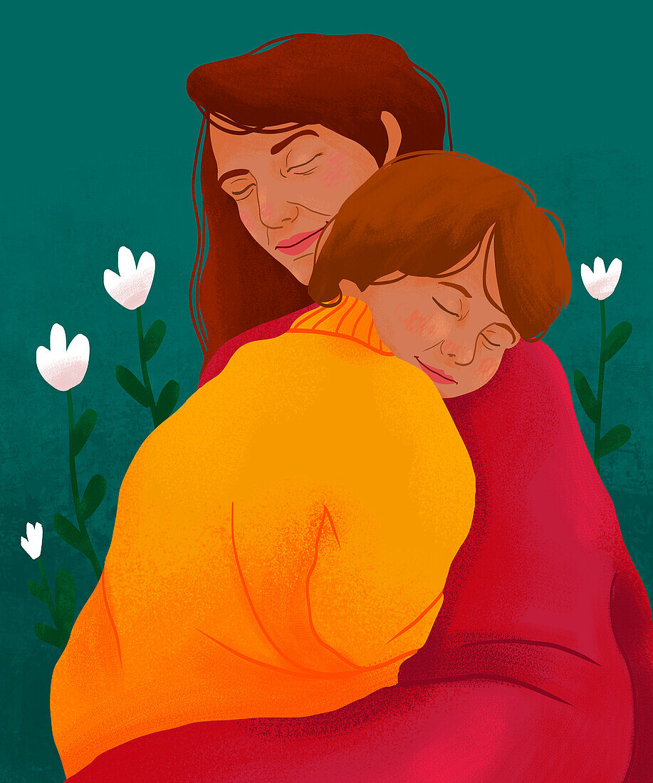 Mother hugging child, illustration