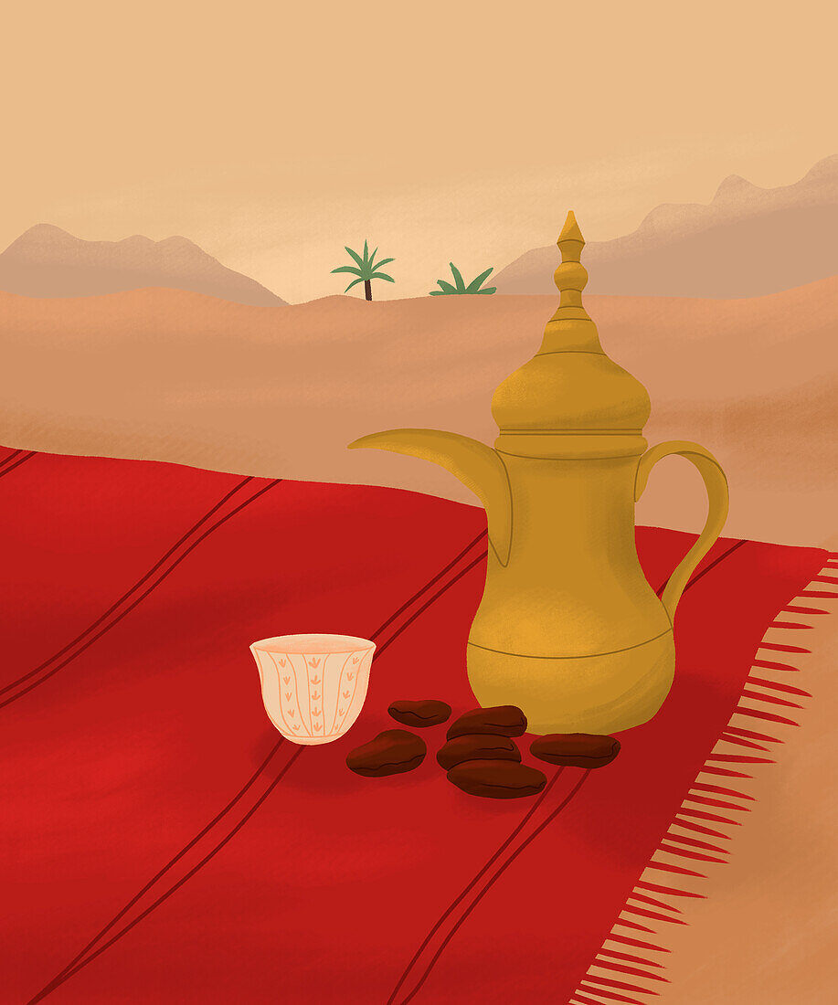 Coffee pot and dates in the desert, illustration