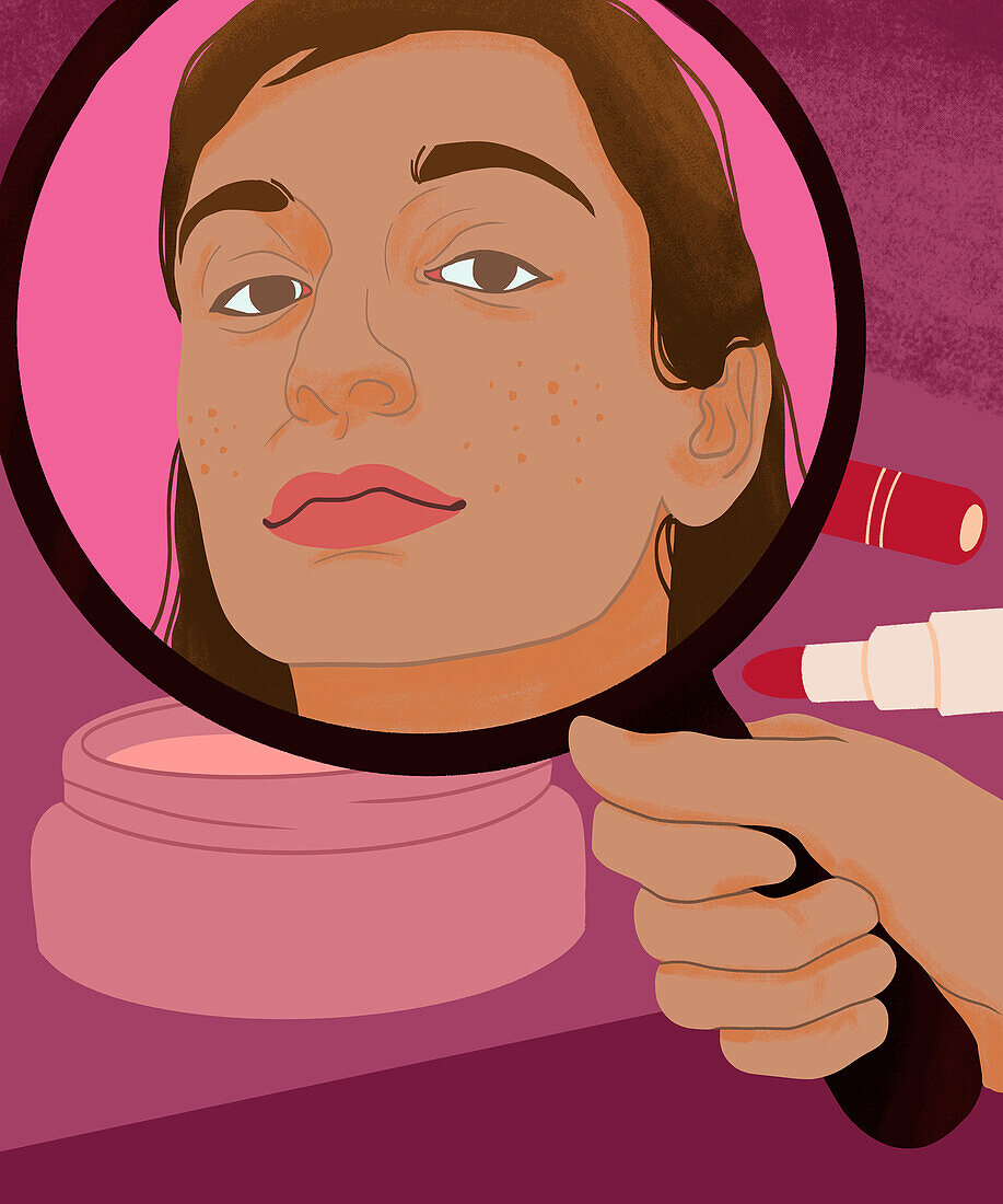 Woman looking at her acne in a mirror, illustration