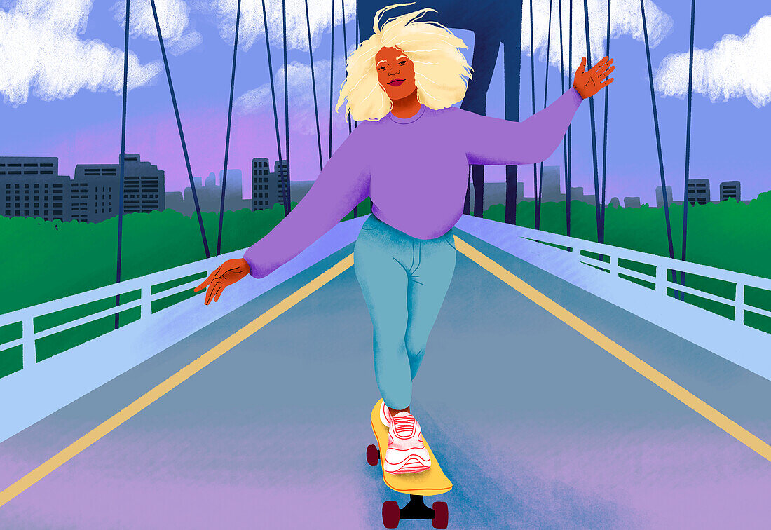 Woman on skateboard riding across a bridge, illustration
