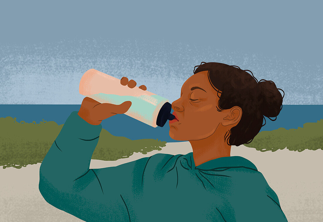 Woman drinking from water bottle, illustration