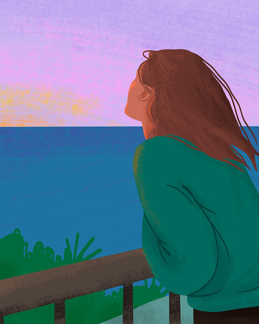 Woman watching sunset, illustration