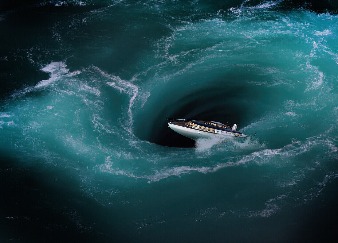 Ship caught in whirlpool, illustration