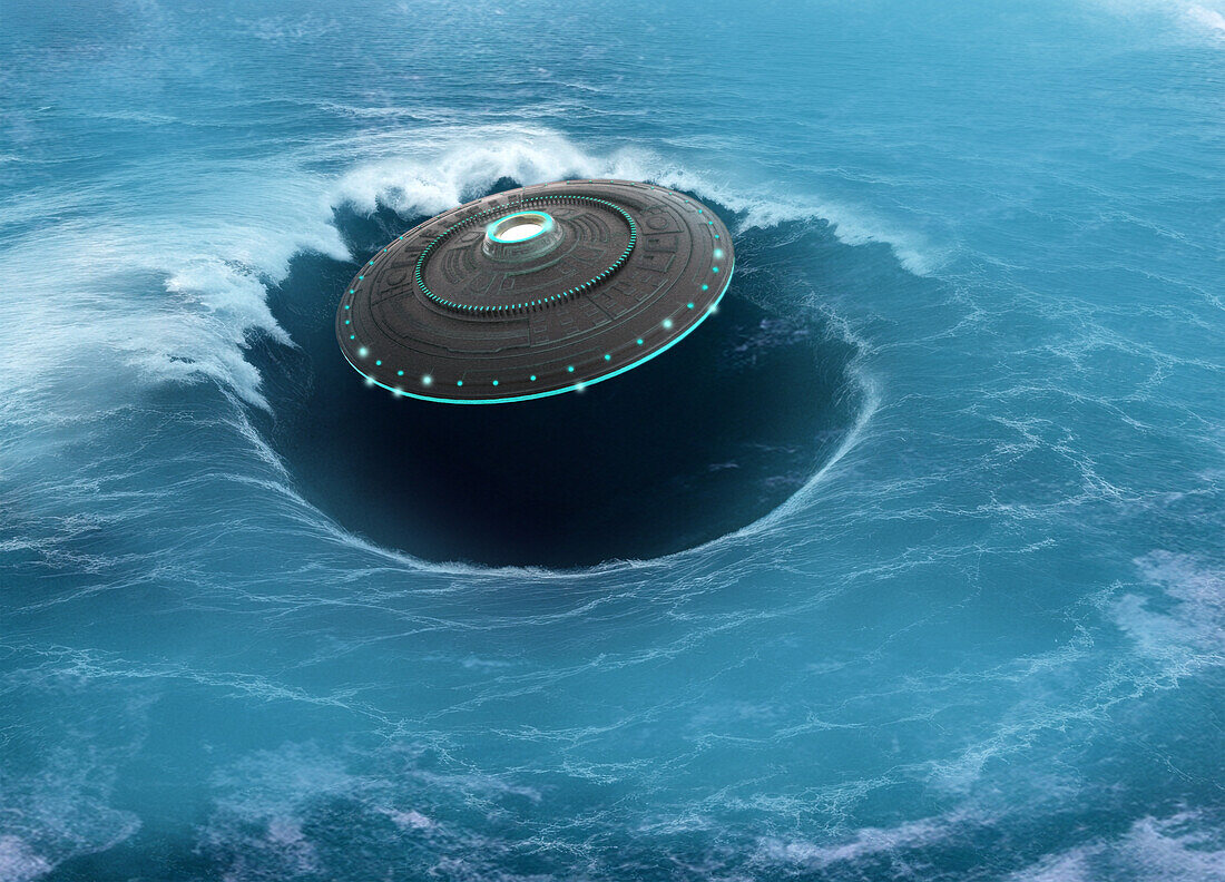 UFO appearing from whirlpool, illustration