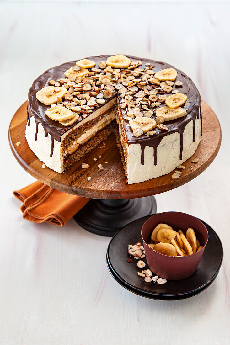 Banana nut cake with chocolate drizzle