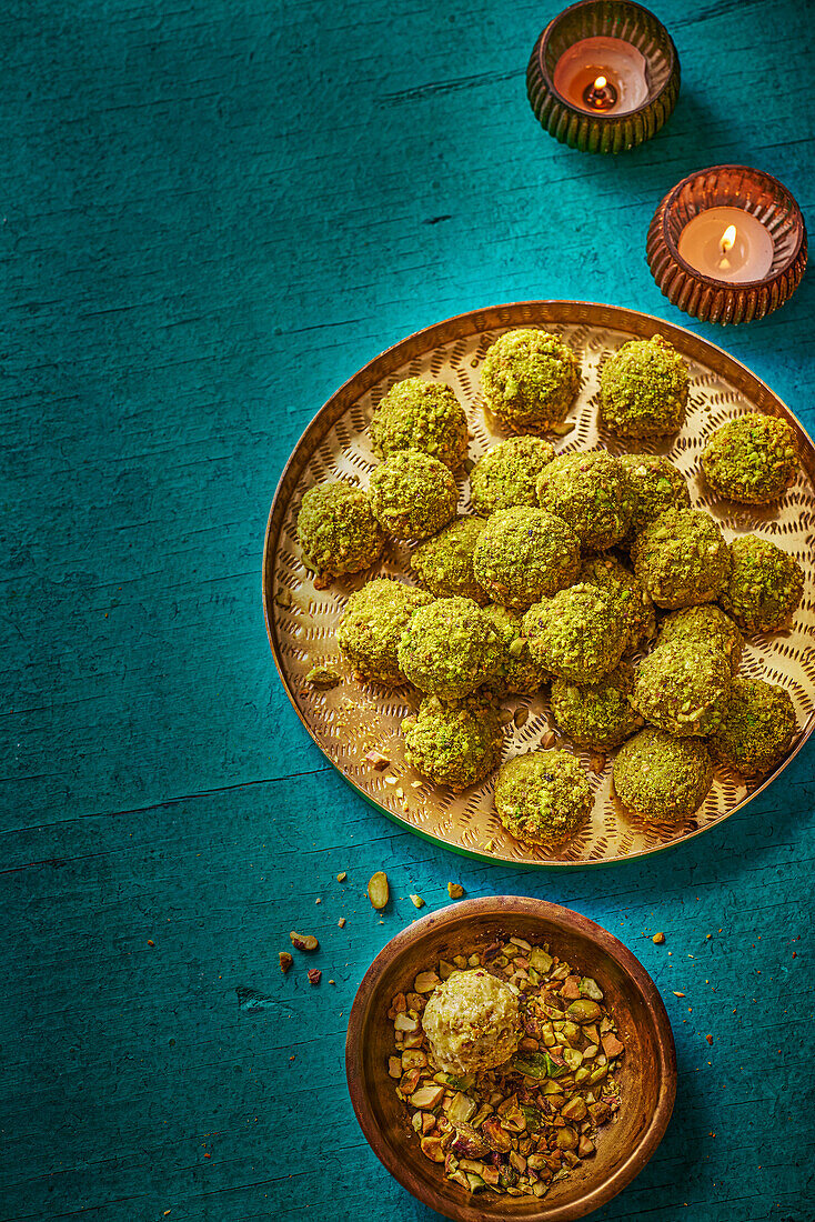 White chocolate truffles with pistachios and cardamom
