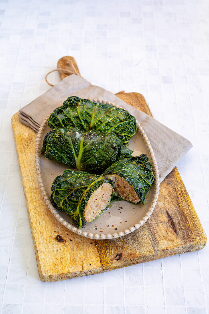 Cabbage leaves stuffed with pork mince