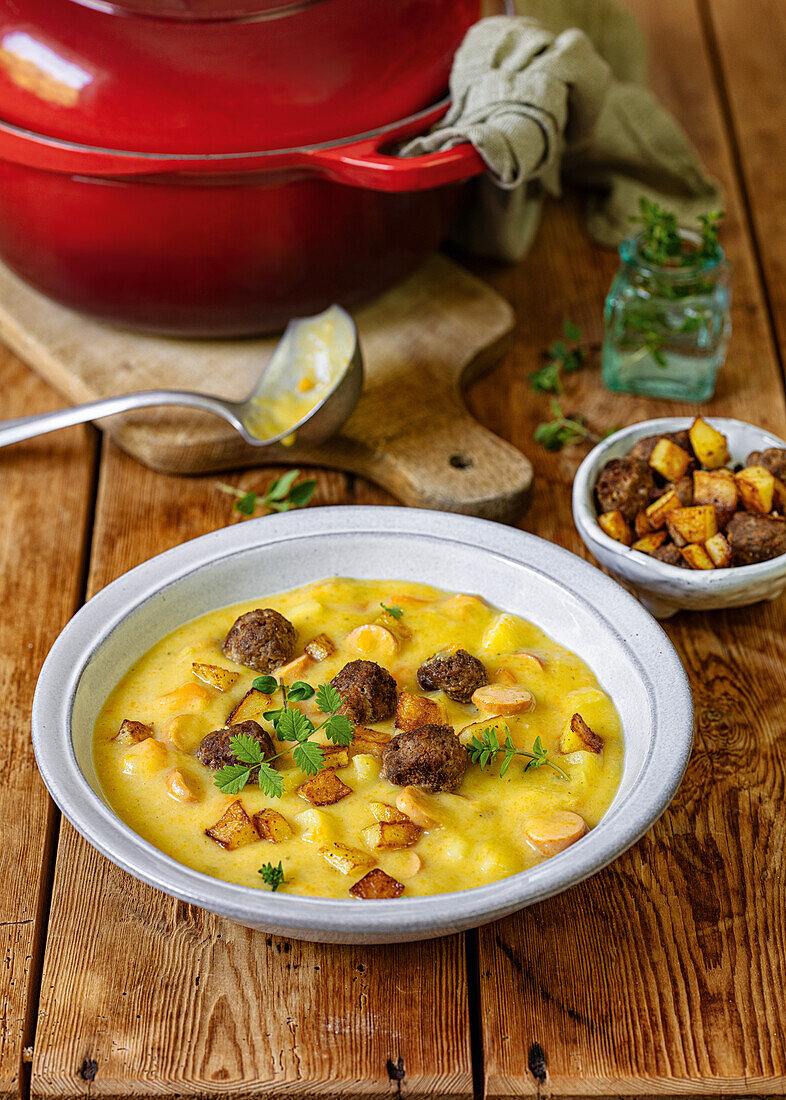 Potato stew with meatballs and sausages