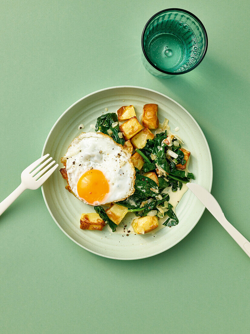 Roast potatoes with spinach and fried egg