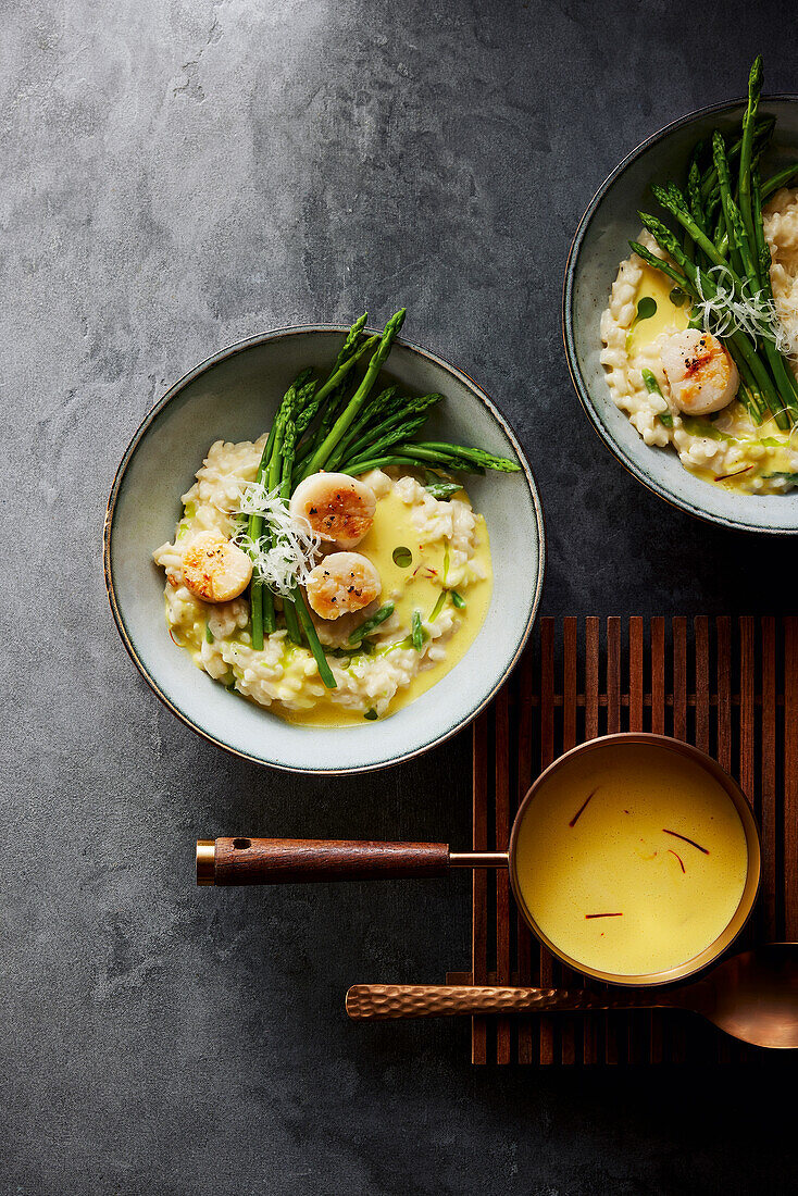 Asparagus and wild garlic risotto with scallops and aniseed sauce