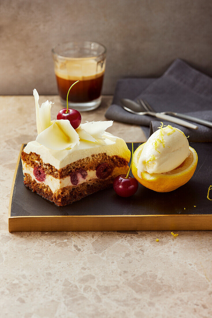 Limoncello tiramisu with buttermilk and lemon ice cream