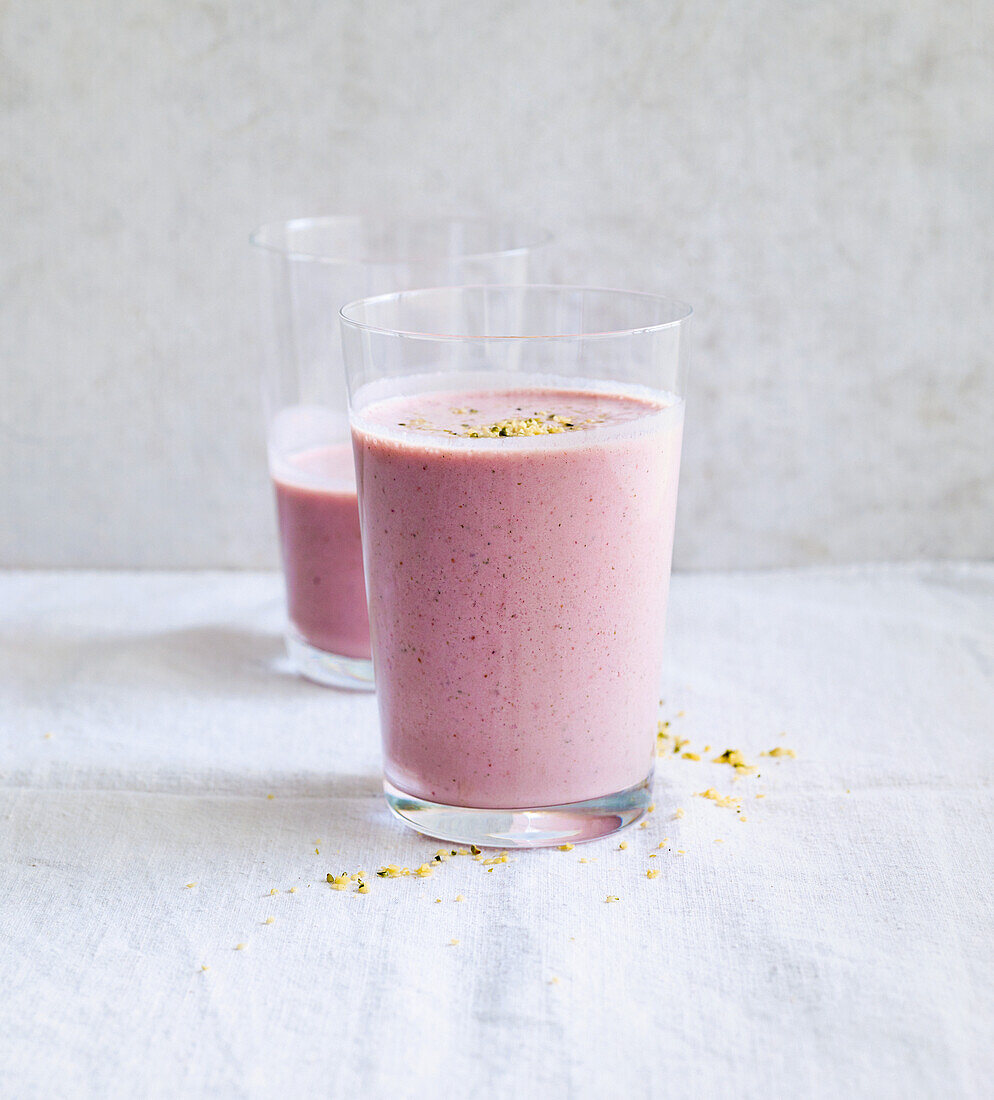 Vegan strawberry shake with banana and hemp seeds