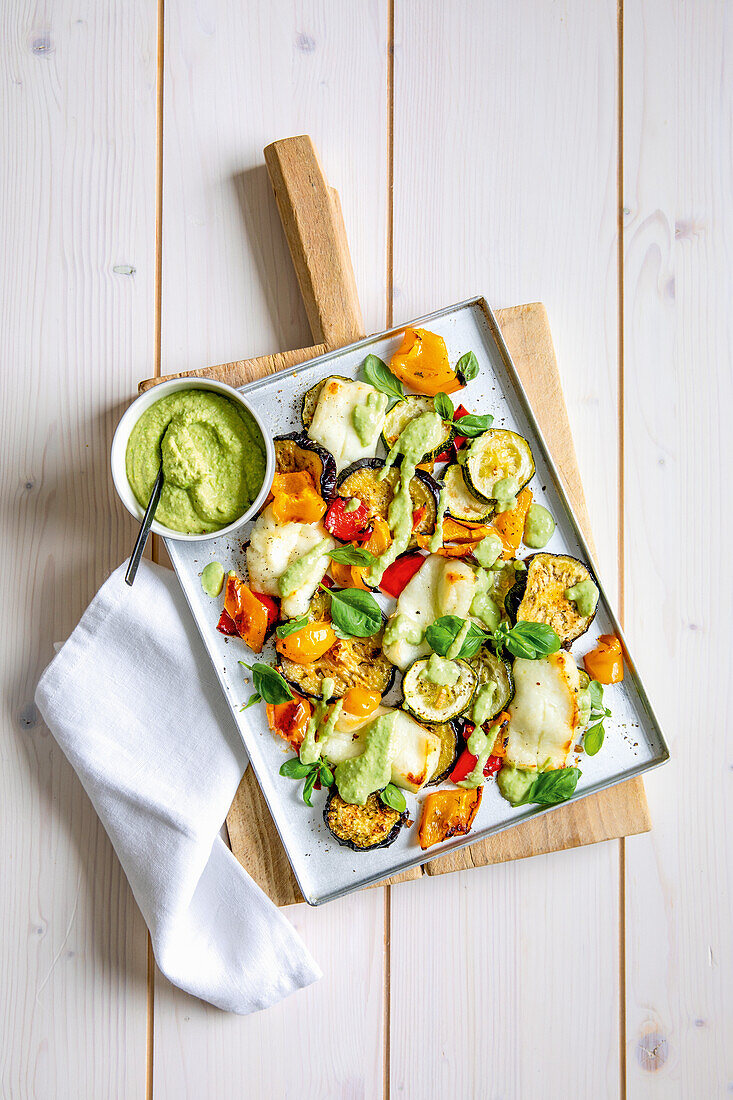 Antipasti with halloumi and pea hummus