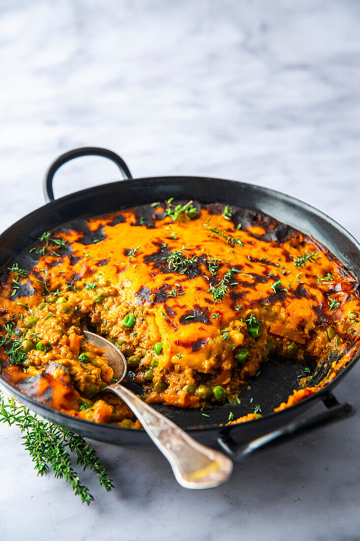 Vegan shepherd's pie with soya granules and sweet potatoes