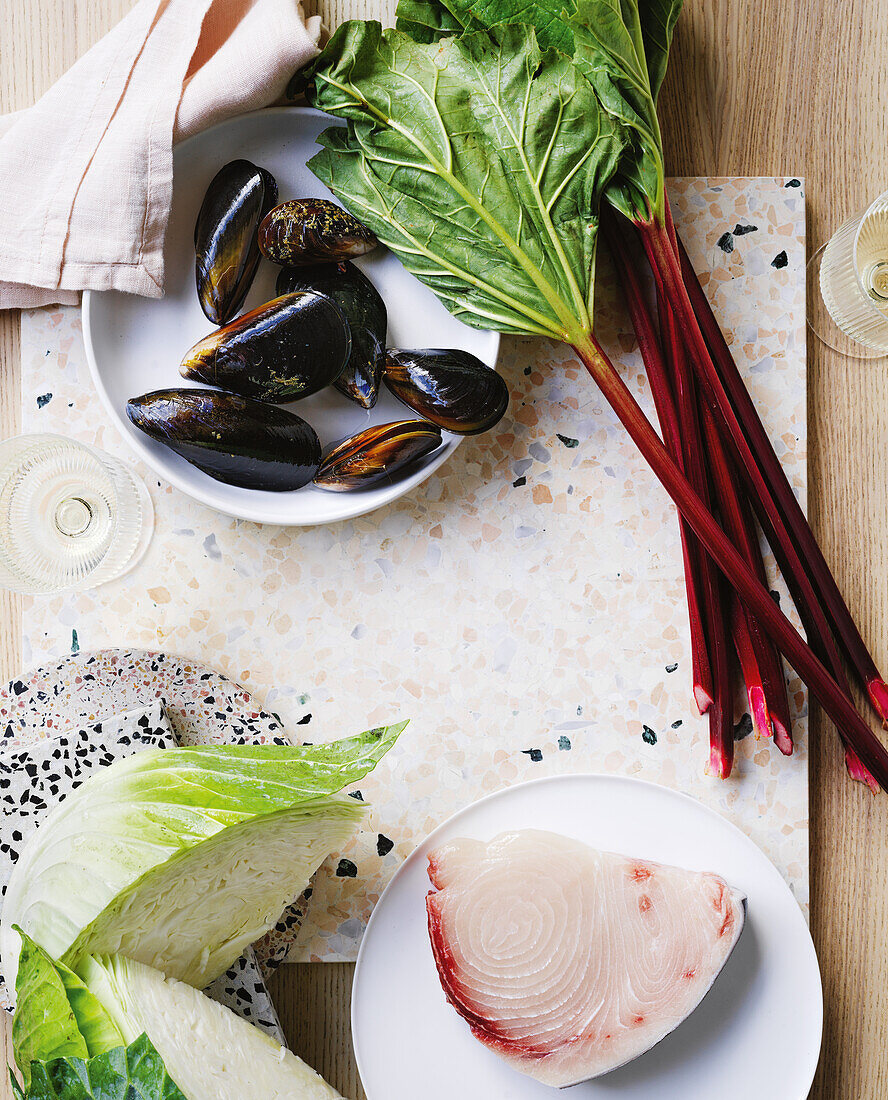 Autumnal ingredients - mussels, swordfish, white cabbage