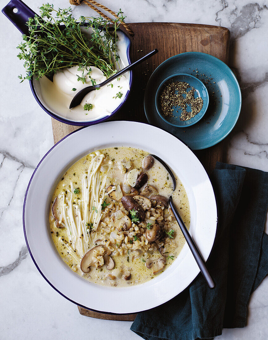 Mushroom and barley soup with thyme