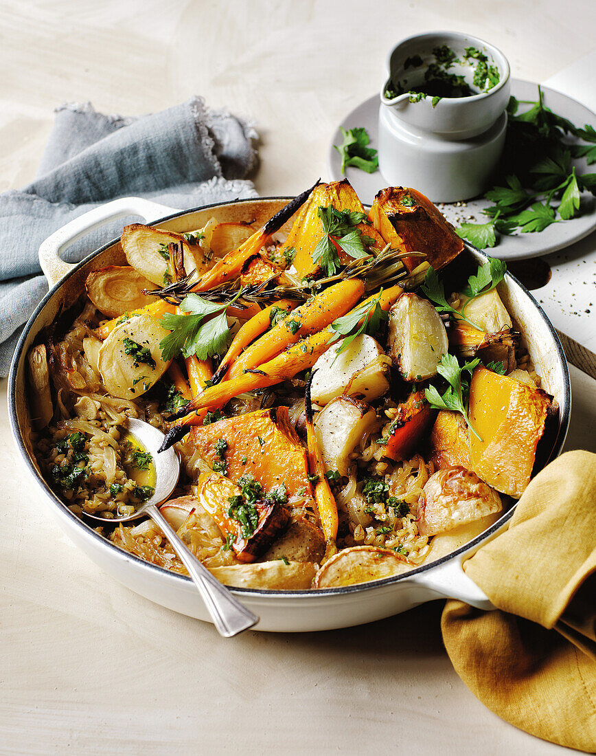 Barley and pumpkin bake with tarragon gremolata