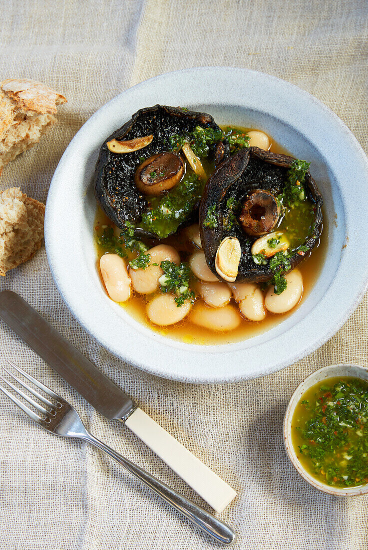 Portabello mushrooms with judion beans and chimichurri