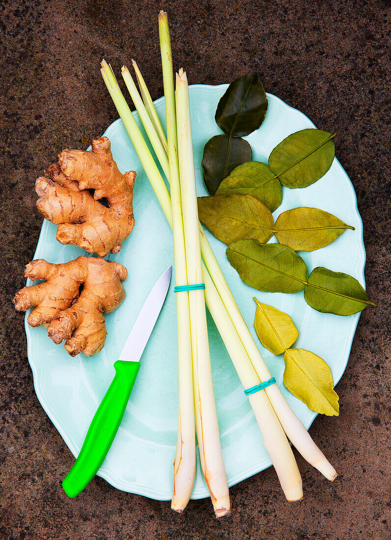 Thai spices and herbs - lemongrass, ginger, kaffir leaves