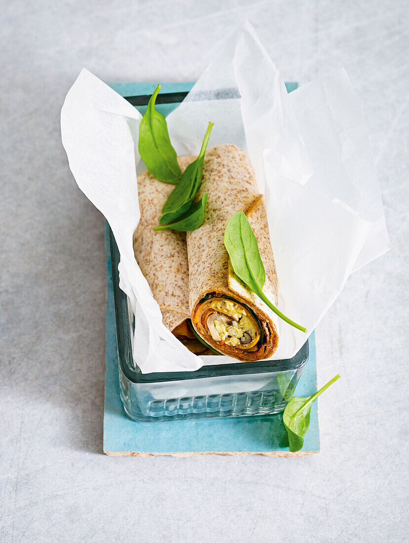 Mushroom and scrambled egg wrap with spinach