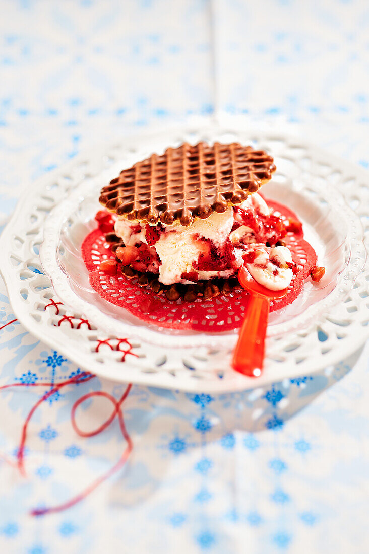 Waffle sandwich with strawberry yoghurt