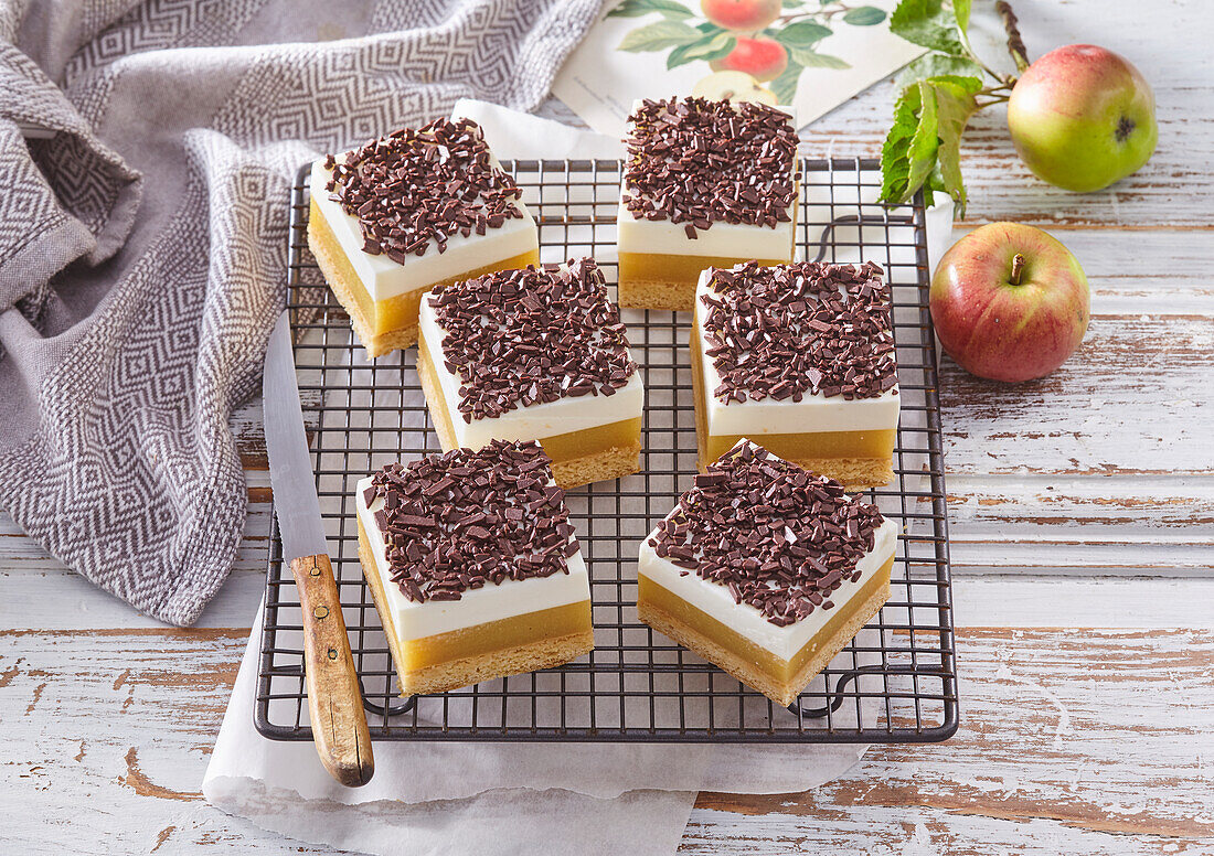 Apple cake slices with quark and dark chocolate