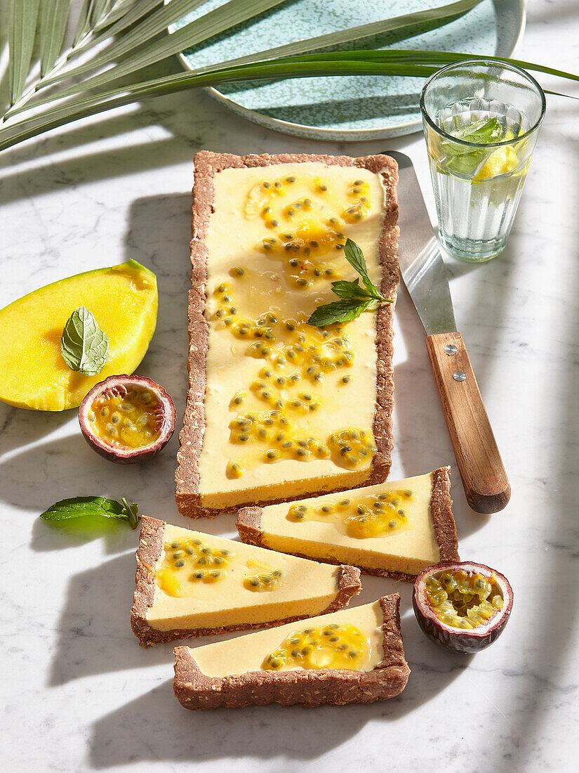 Creamy mango cake with passion fruit sauce