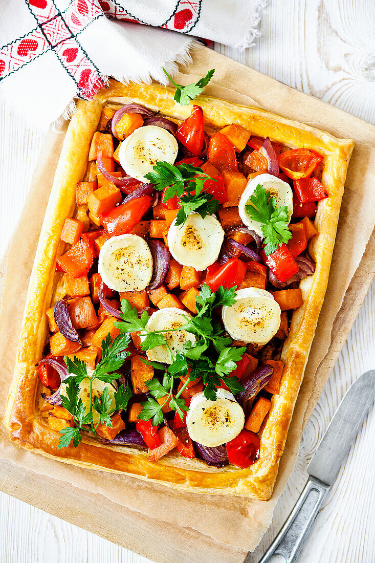 Roasted sweet potato and pepper tart with goat's cheese