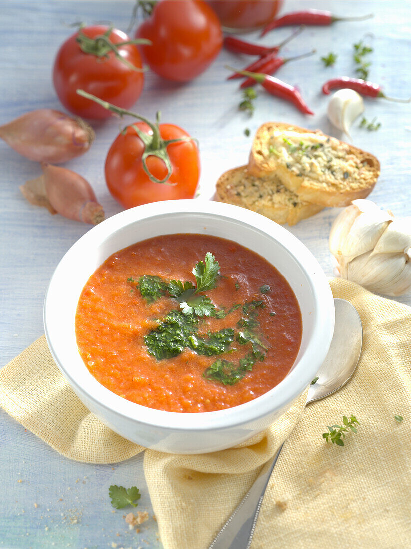 Tomato soup with parsley oil