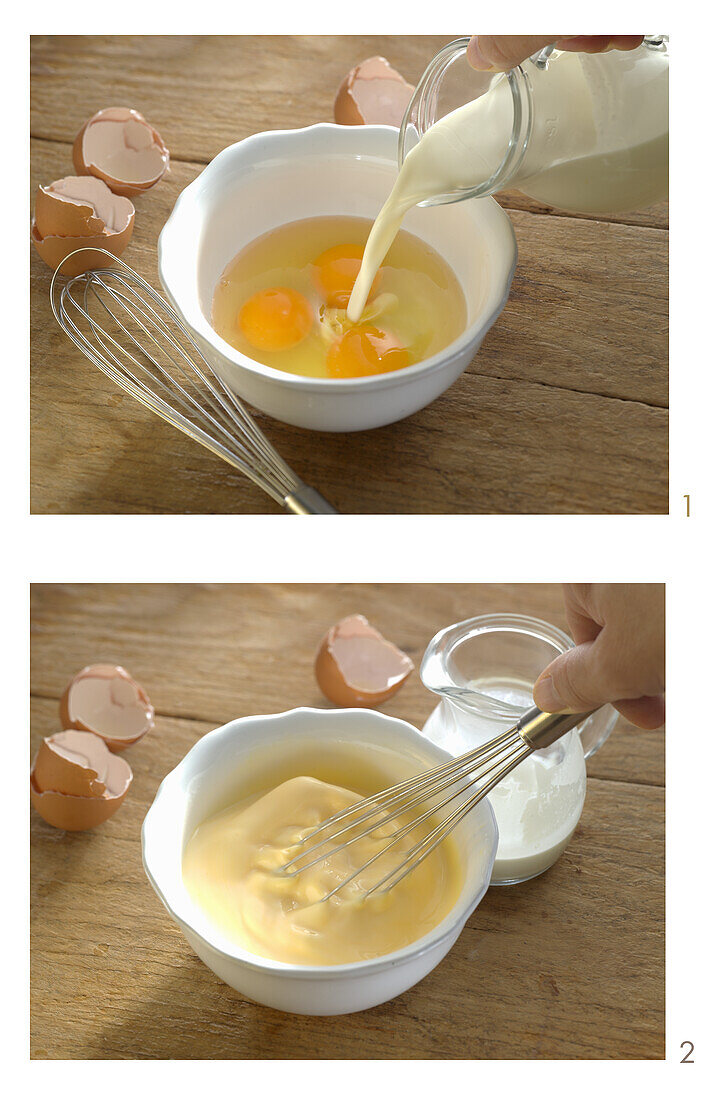 Eier mit Milch aufschlagen