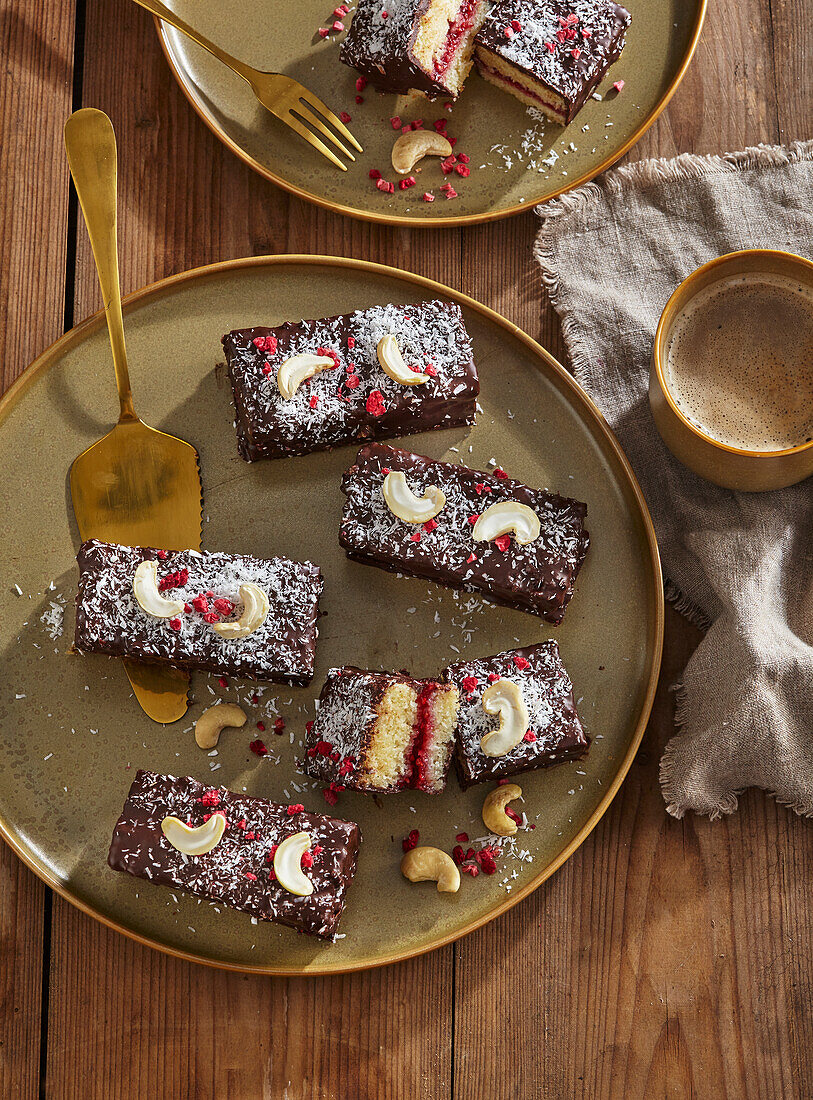 Chocolate coconut cake bars with raspberry puree