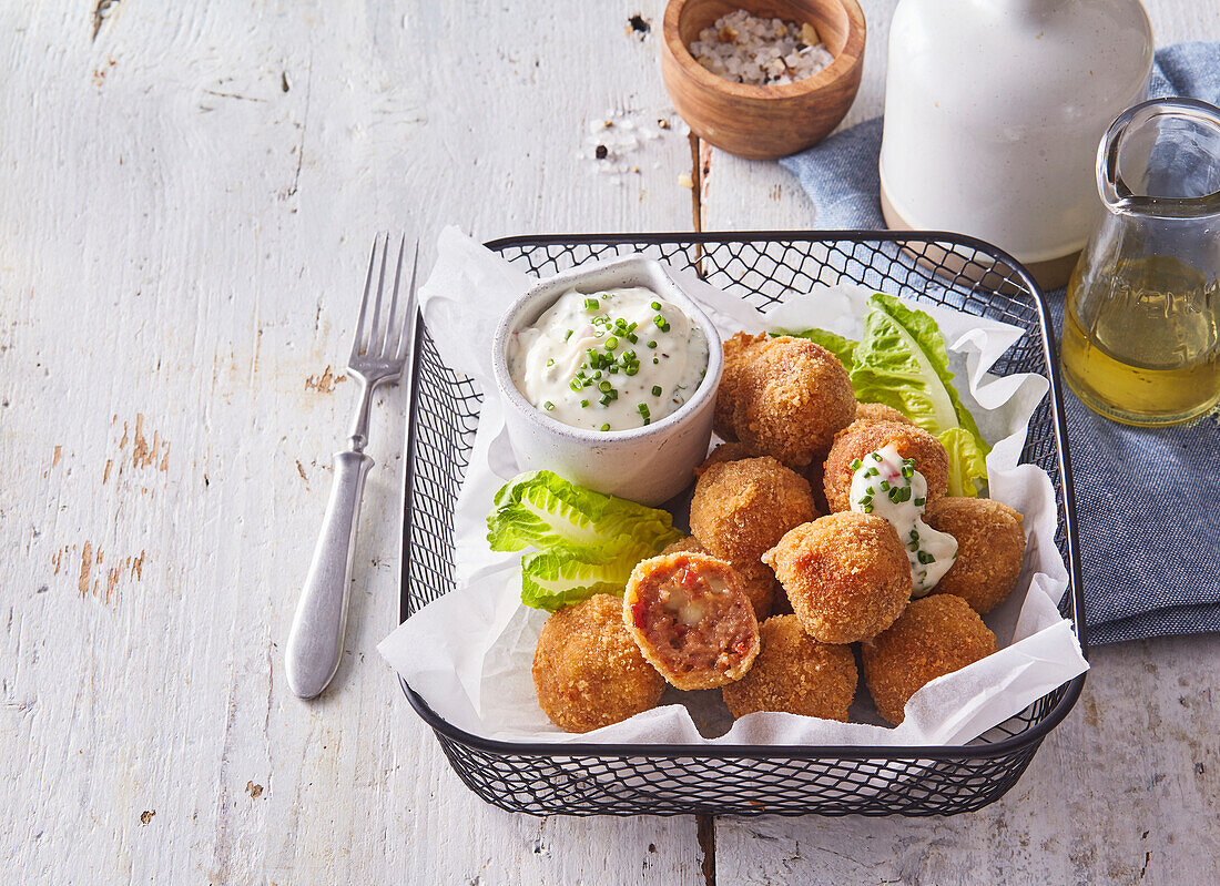 Deep-fried pork meatballs with tartar sauce