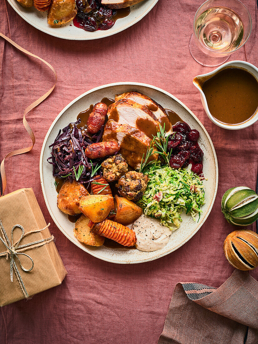 Turkey with fruit and nut stuffing and cranberry sauce