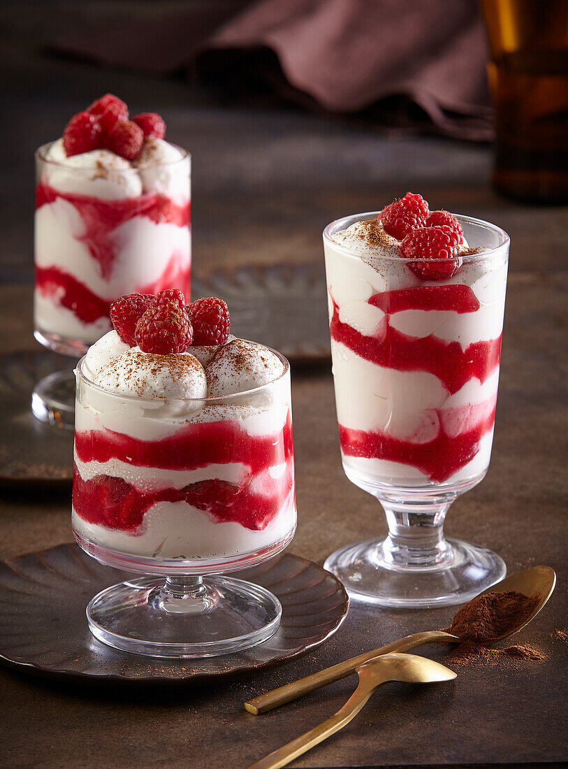 Weiße Schokoladenmousse mit Himbeeren